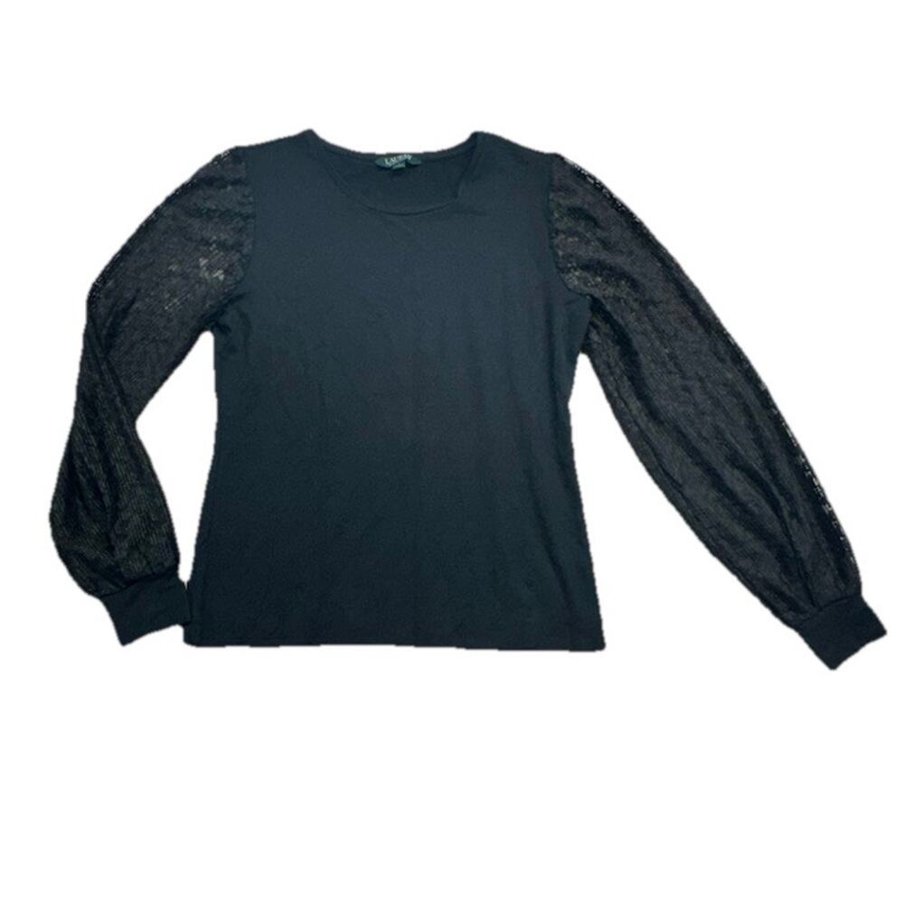 Lauren Ralph Lauren sz L Black Blouse Lace Sleeves Soft Stretchy Whimsigoth
